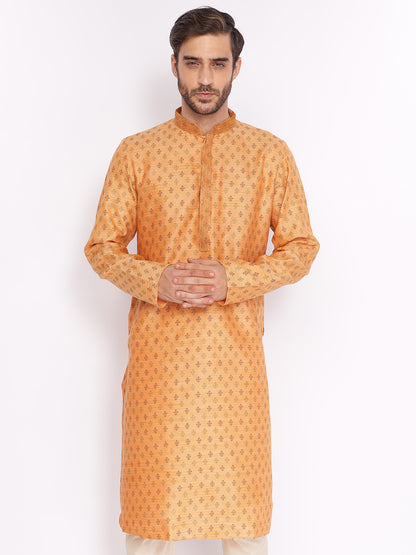 Full Sleeve Embroidered::Printed Kurta and Pyjama Set in Orange Cotton Blend