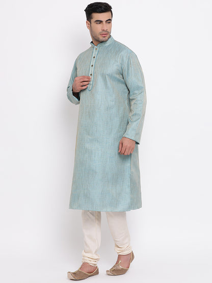 Full Sleeve Self Design Kurta and Churidar Set in Blue Jacquard