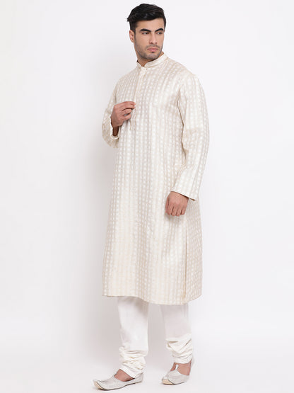 Full Sleeve Woven Kurta and Churidar Set in Beige Khadi Cotton