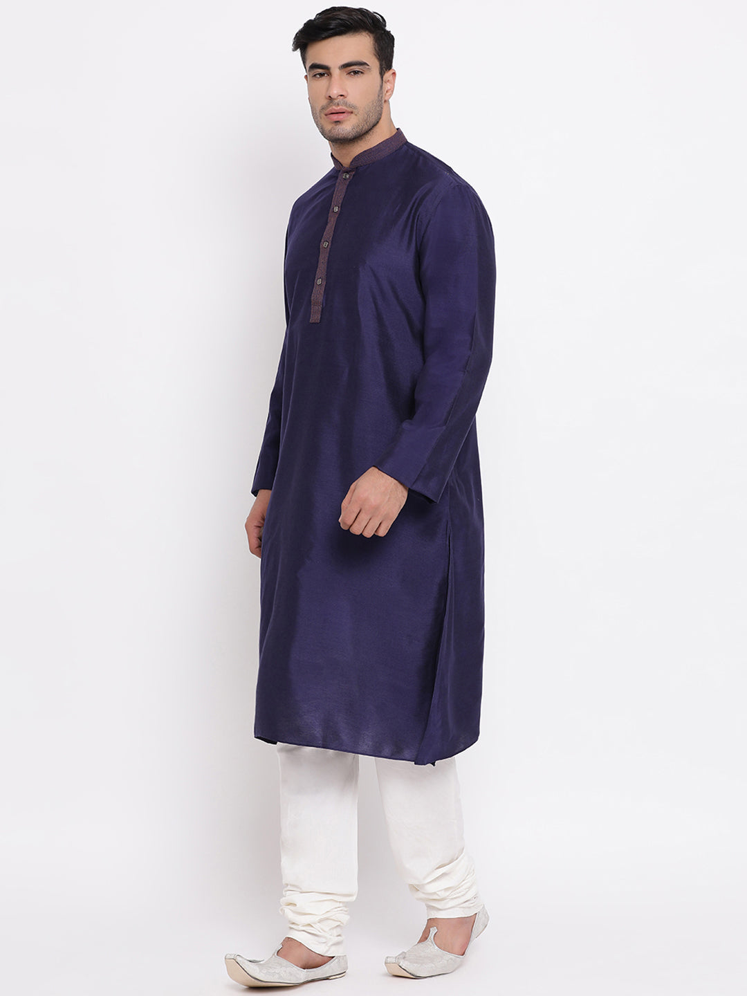 Full Sleeve Solid Kurta and Churidar Set in Blue Silk Blend