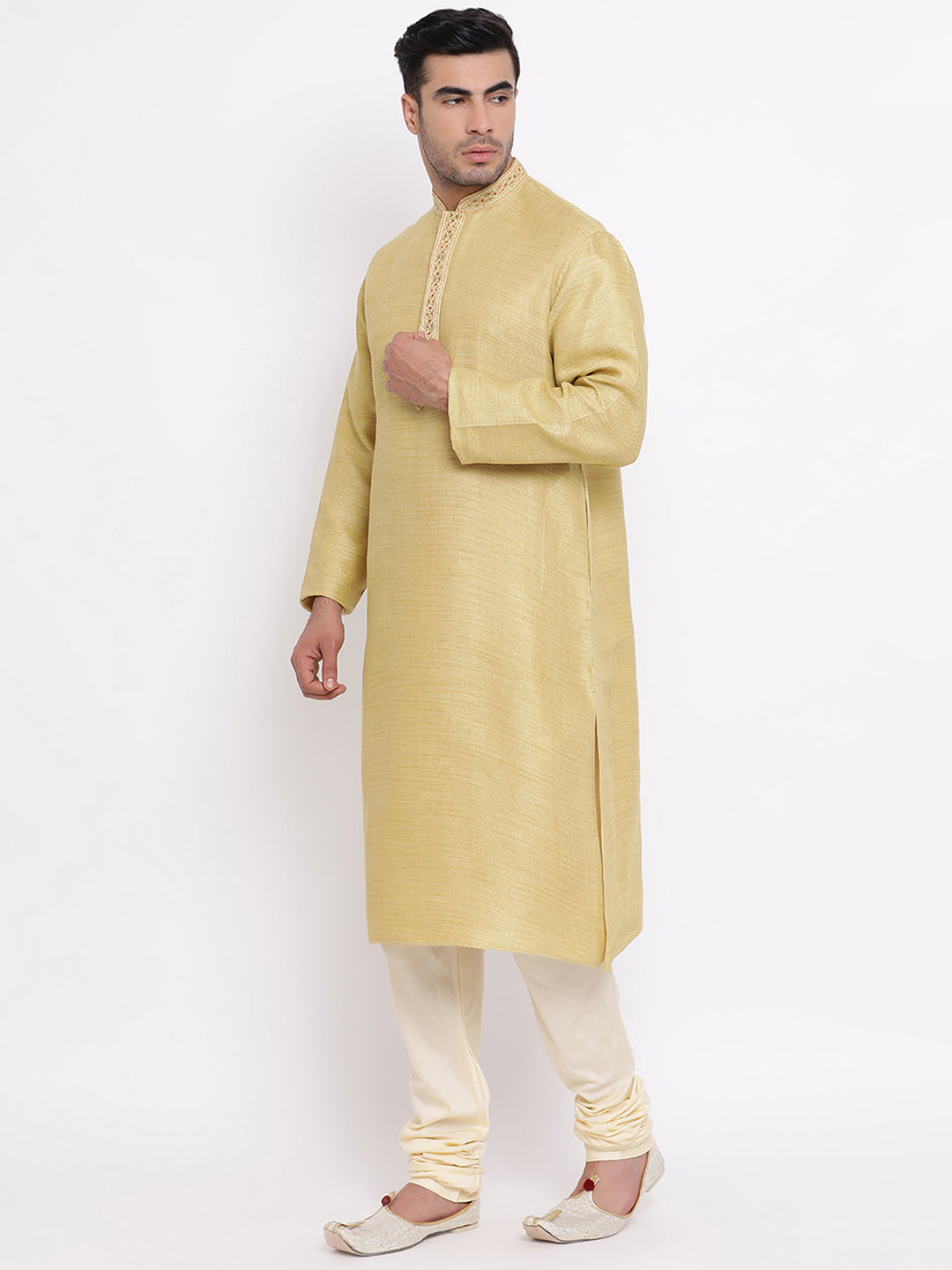 Full Sleeve Embroidered Kurta and Churidar Set in Yellow Cotton Blend