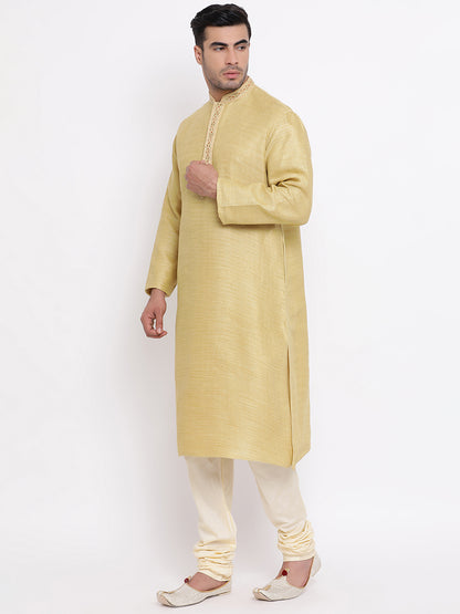 Full Sleeve Embroidered Kurta and Churidar Set in Yellow Cotton Blend