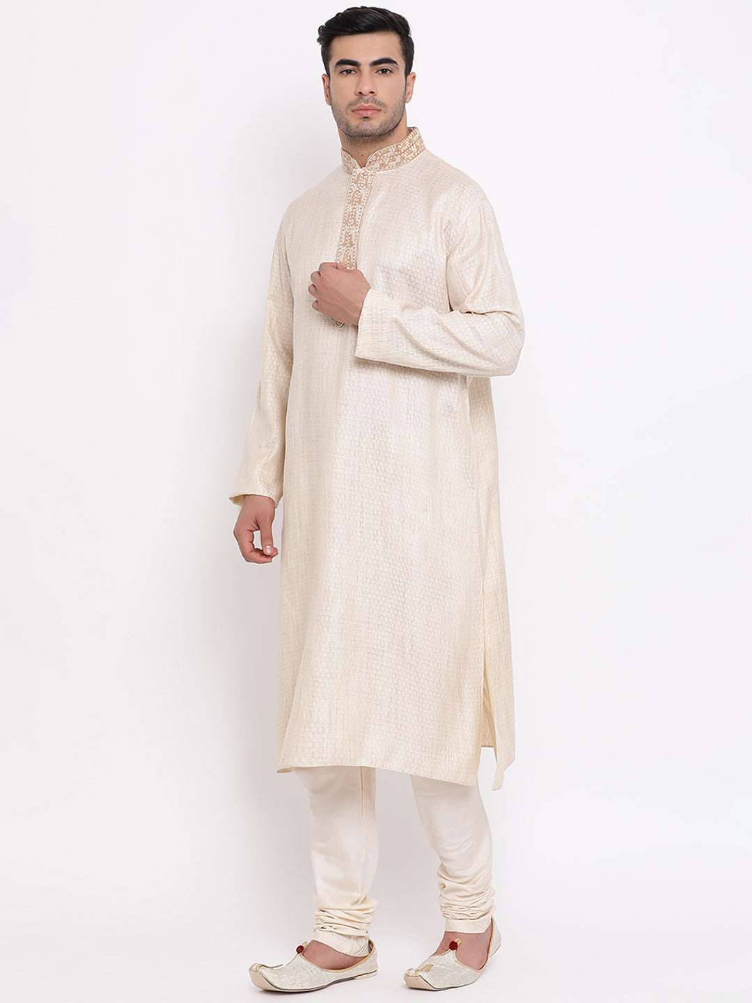 Full Sleeve Embroidered Kurta and Churidar Set in Beige Cotton Blend