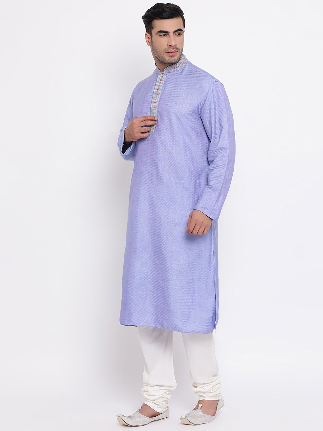 Full Sleeve Embroidered Kurta and Churidar Set in Purple Silk Blend