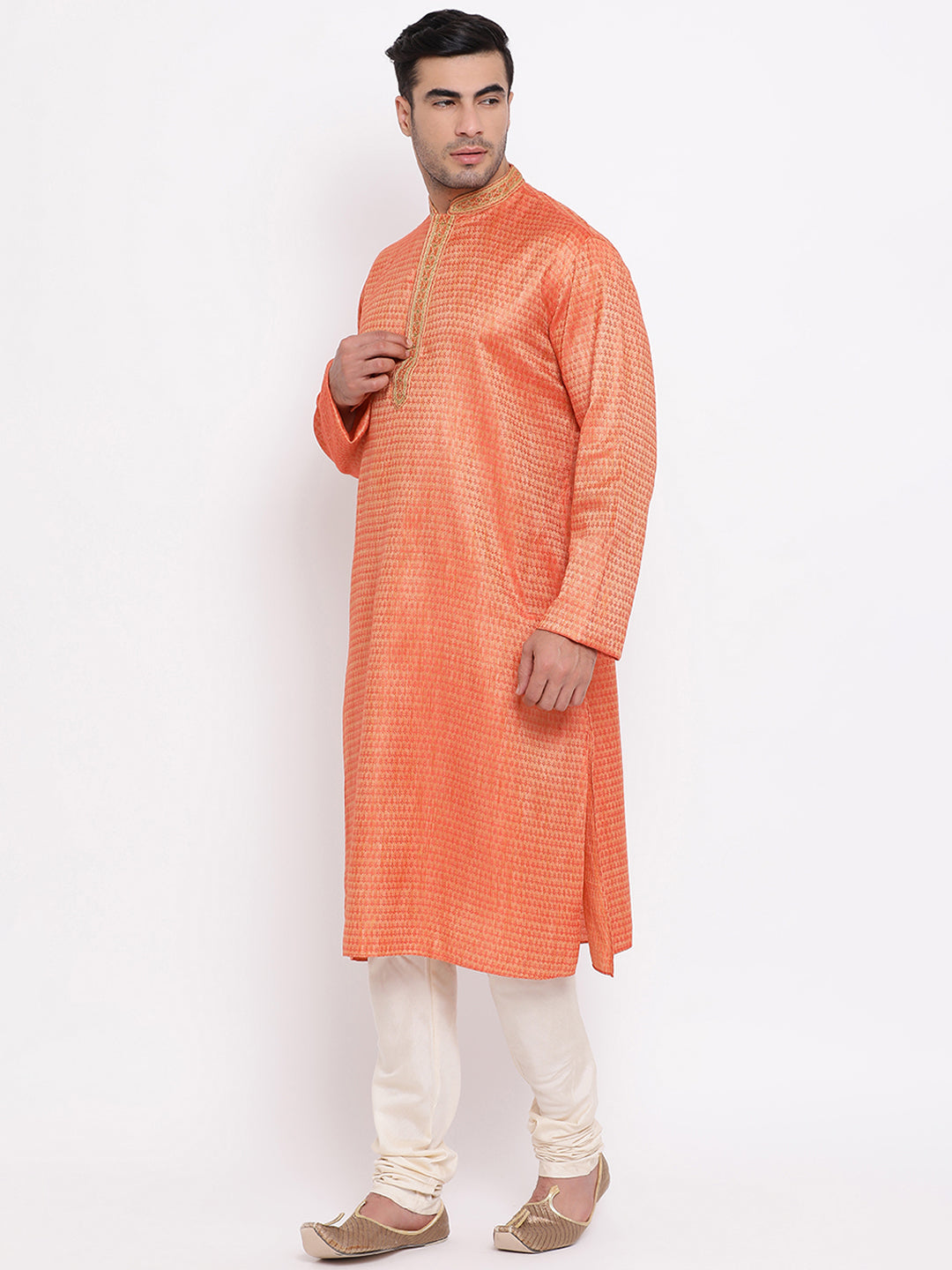 Full Sleeve Embroidered Kurta and Churidar Set in Orange Cotton Blend