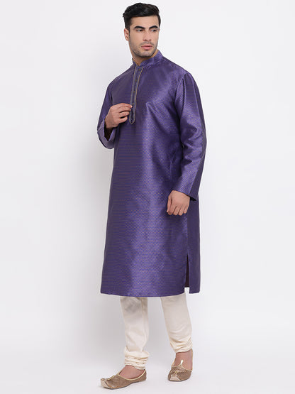 Full Sleeve Woven Kurta and Churidar Set in Blue Jacquard