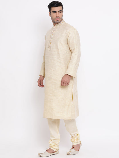 Full Sleeve Embroidered Kurta and Churidar Set in Beige Cotton Blend