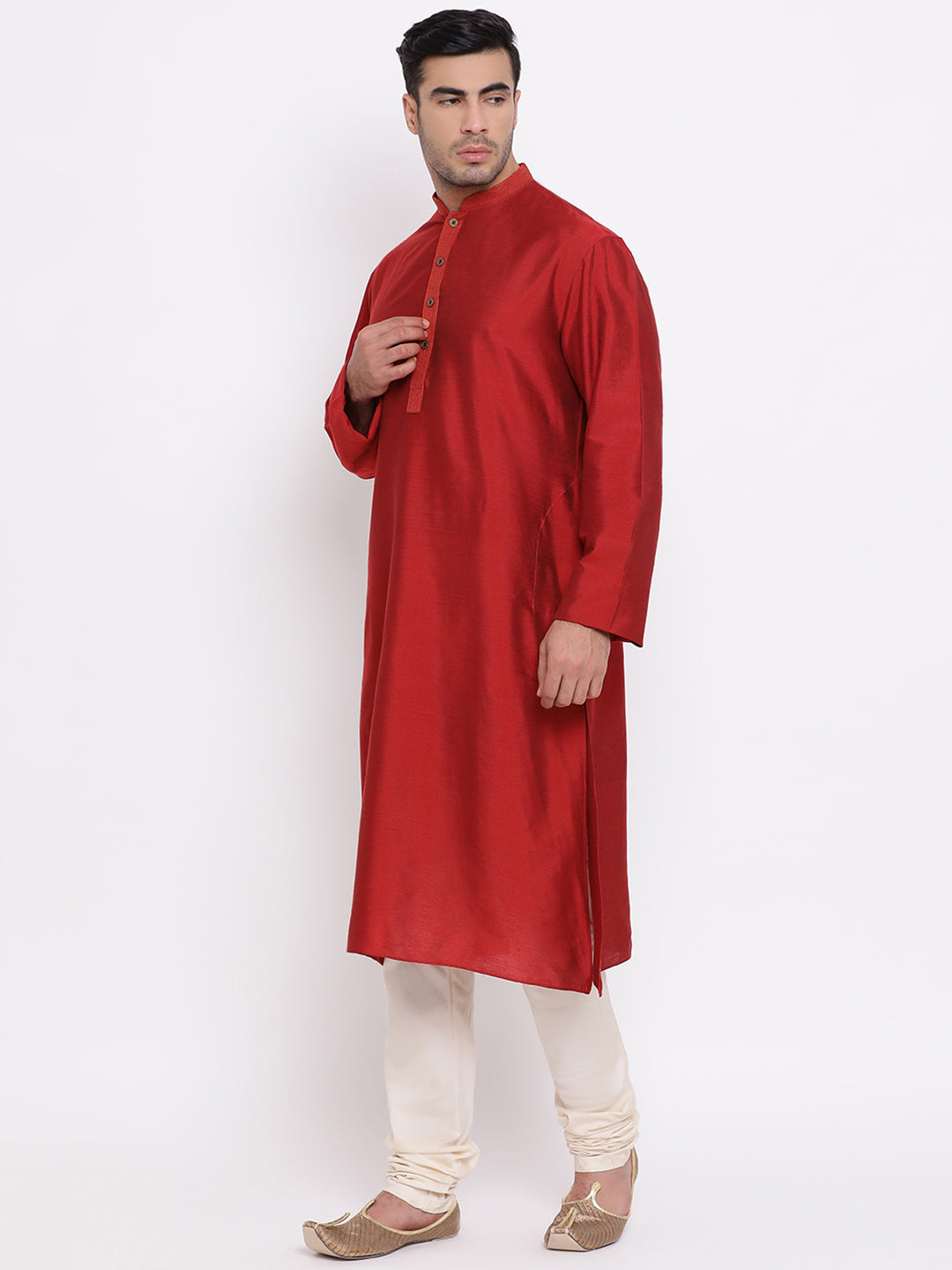 Full Sleeve Solid Kurta and Churidar Set in Red Silk Blend
