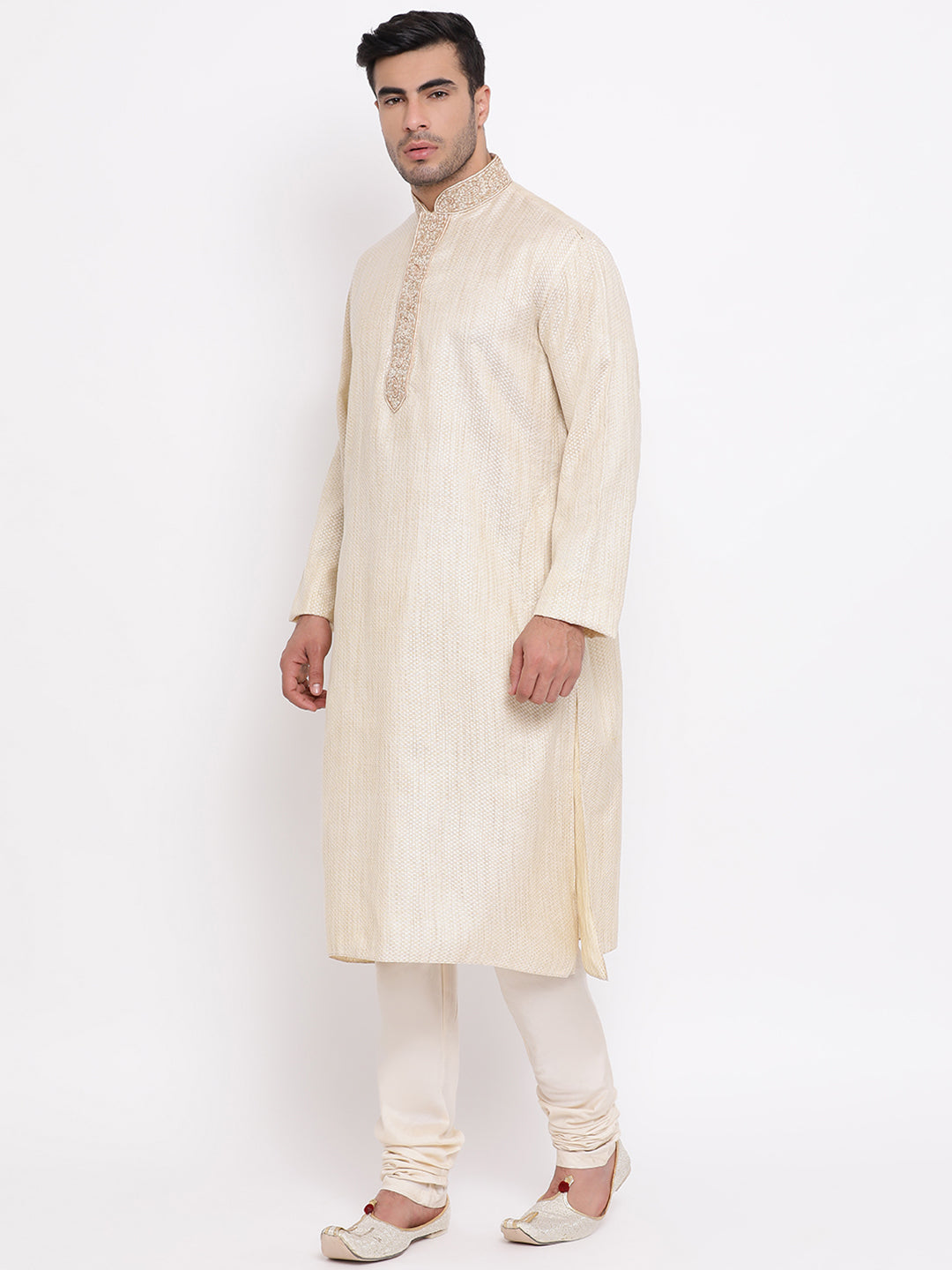 Full Sleeve Embroidered Kurta and Churidar Set in Beige Cotton Blend