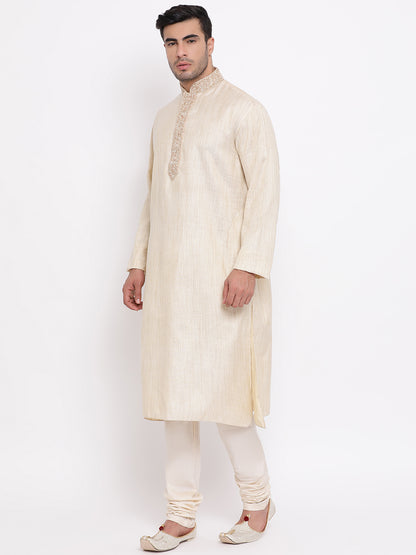 Full Sleeve Embroidered Kurta and Churidar Set in Beige Cotton Blend