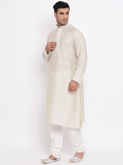Full Sleeve Polka Print Kurta and Churidar Set in White Jacquard