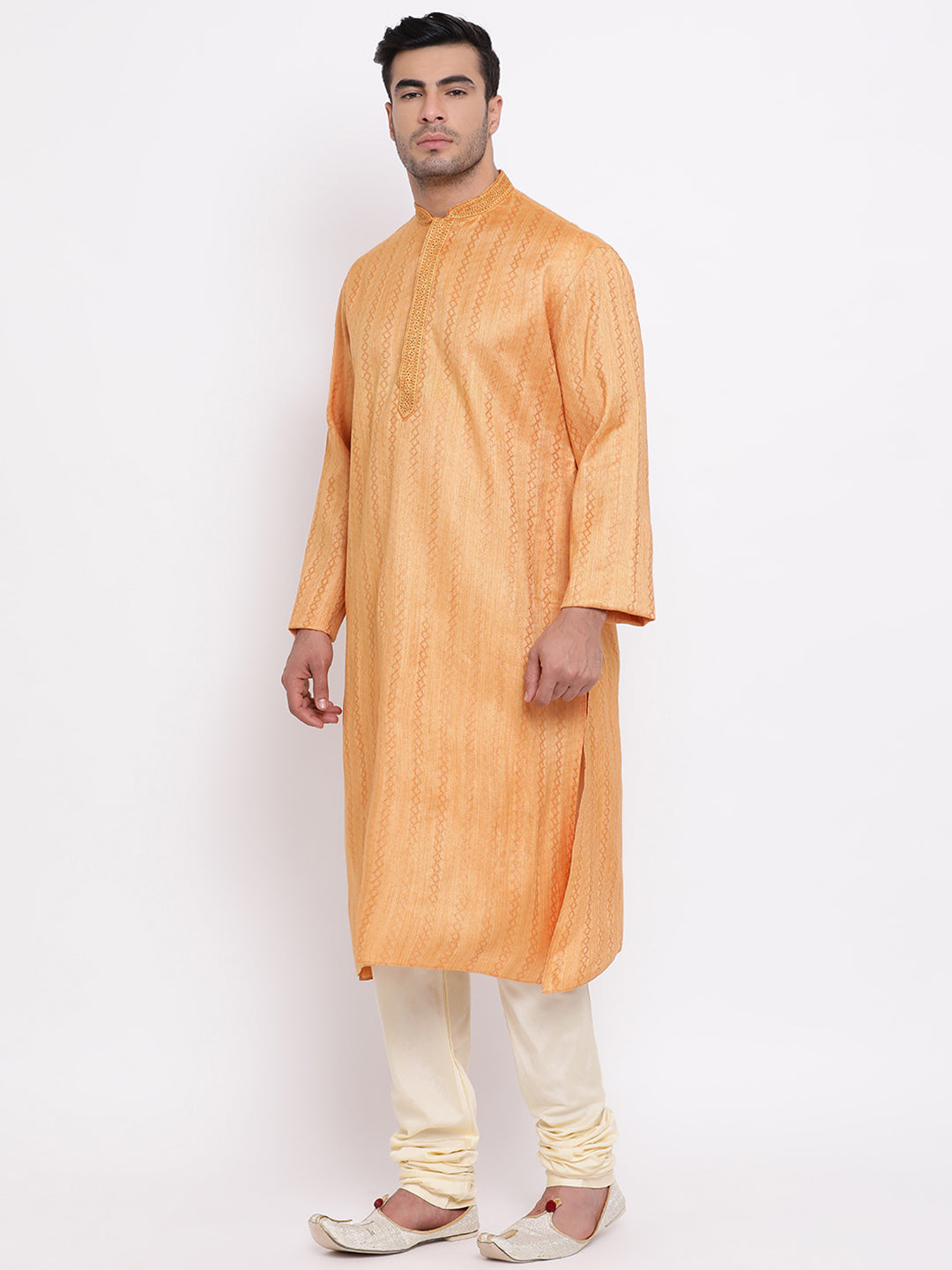 Full Sleeve Embroidered Kurta and Churidar Set in Orange Cotton Blend