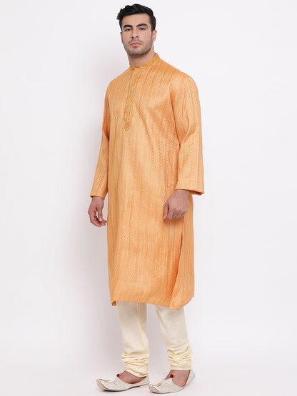 Full Sleeve Embroidered Kurta and Churidar Set in Orange Cotton Blend