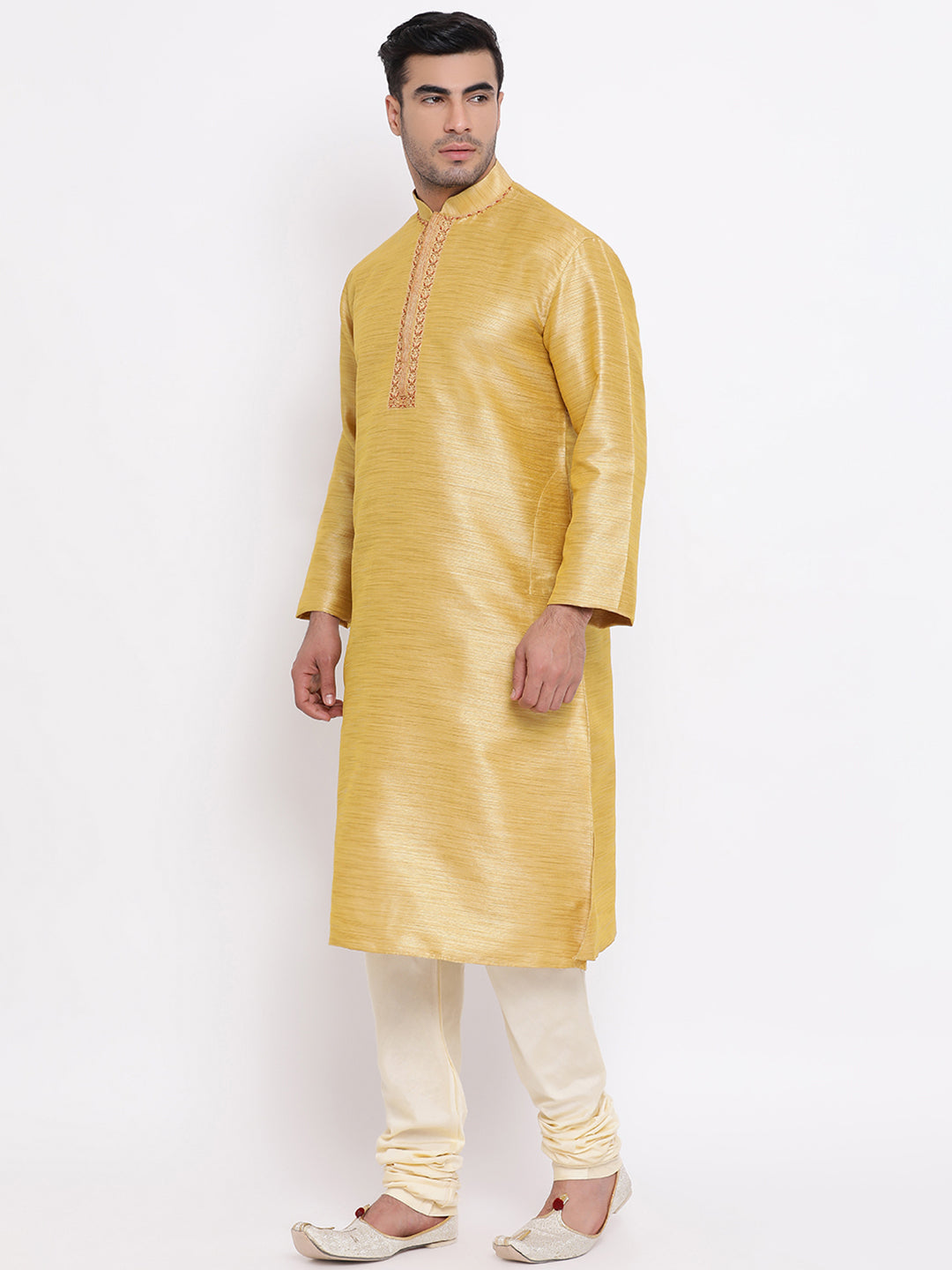 Full Sleeve Embroidered Kurta and Churidar Set in Gold Silk Blend