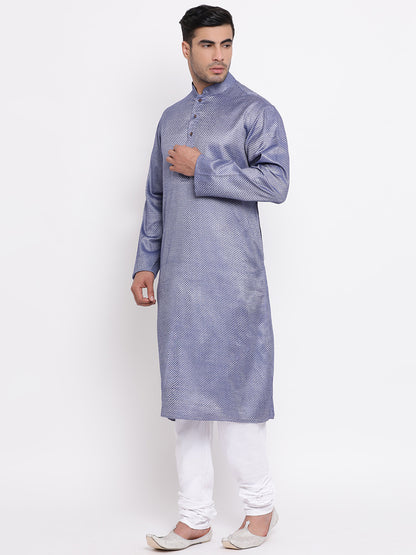 Full Sleeve Solid Kurta and Churidar Set in Blue Cotton Blend