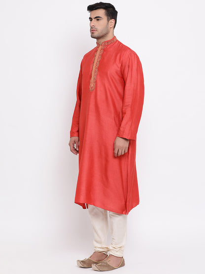 Full Sleeve Embroidered Kurta and Churidar Set in Red Cotton Silk