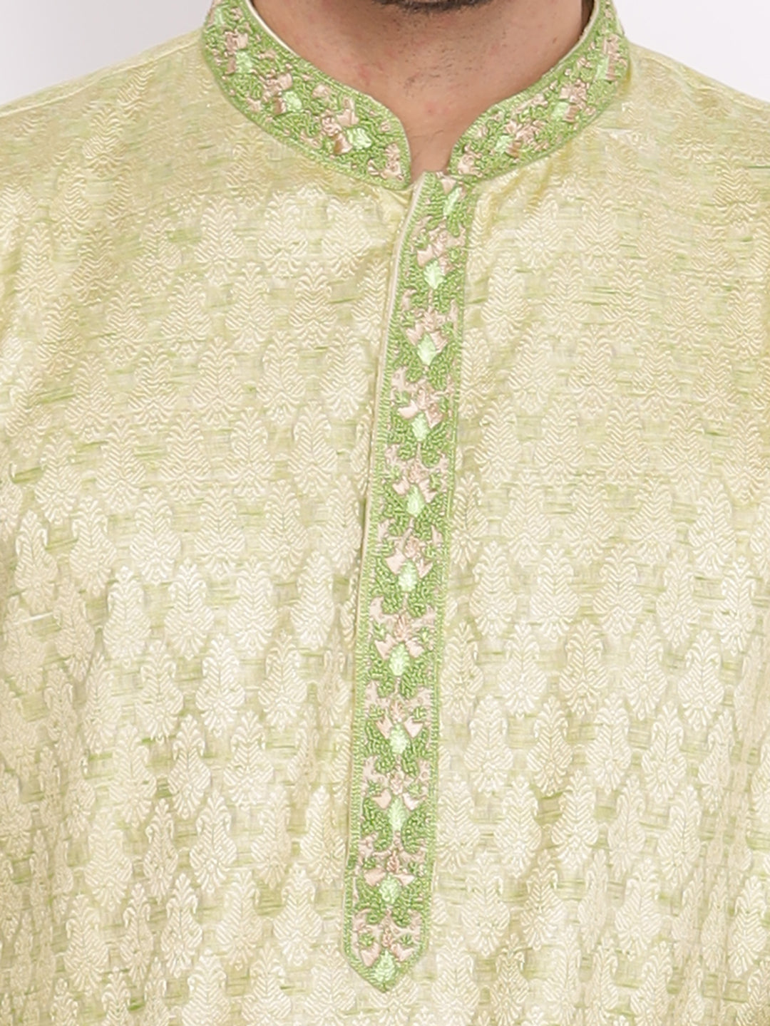 Full Sleeve Self Design Kurta and Pyjama Set in Green Silk Blend