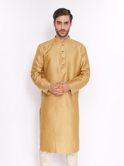 Full Sleeve Solid Kurta and Pyjama Set in Gold Cotton Blend