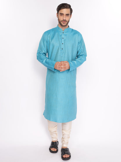 Full Sleeve Self Design Kurta and Pyjama Set in Blue Cotton Blend