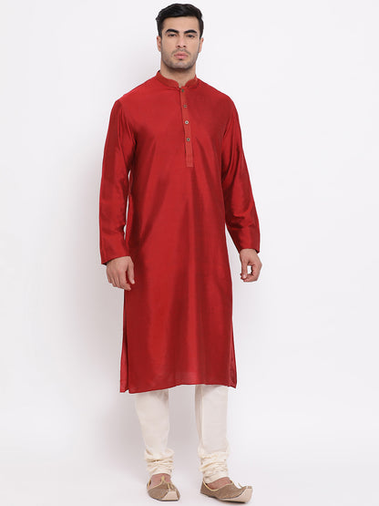 Full Sleeve Solid Kurta and Churidar Set in Red Silk Blend