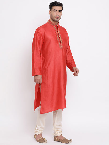 Full Sleeve Embroidered Kurta and Churidar Set in Red Cotton Silk