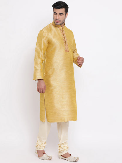 Full Sleeve Embroidered Kurta and Churidar Set in Gold Silk Blend