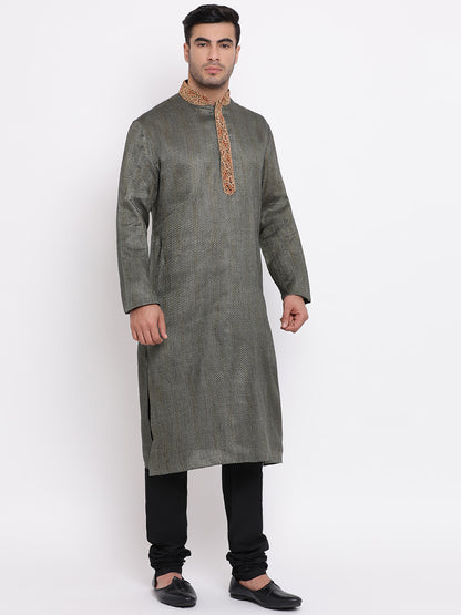 Full Sleeve Embroidered Kurta and Churidar Set in Black Cotton Blend
