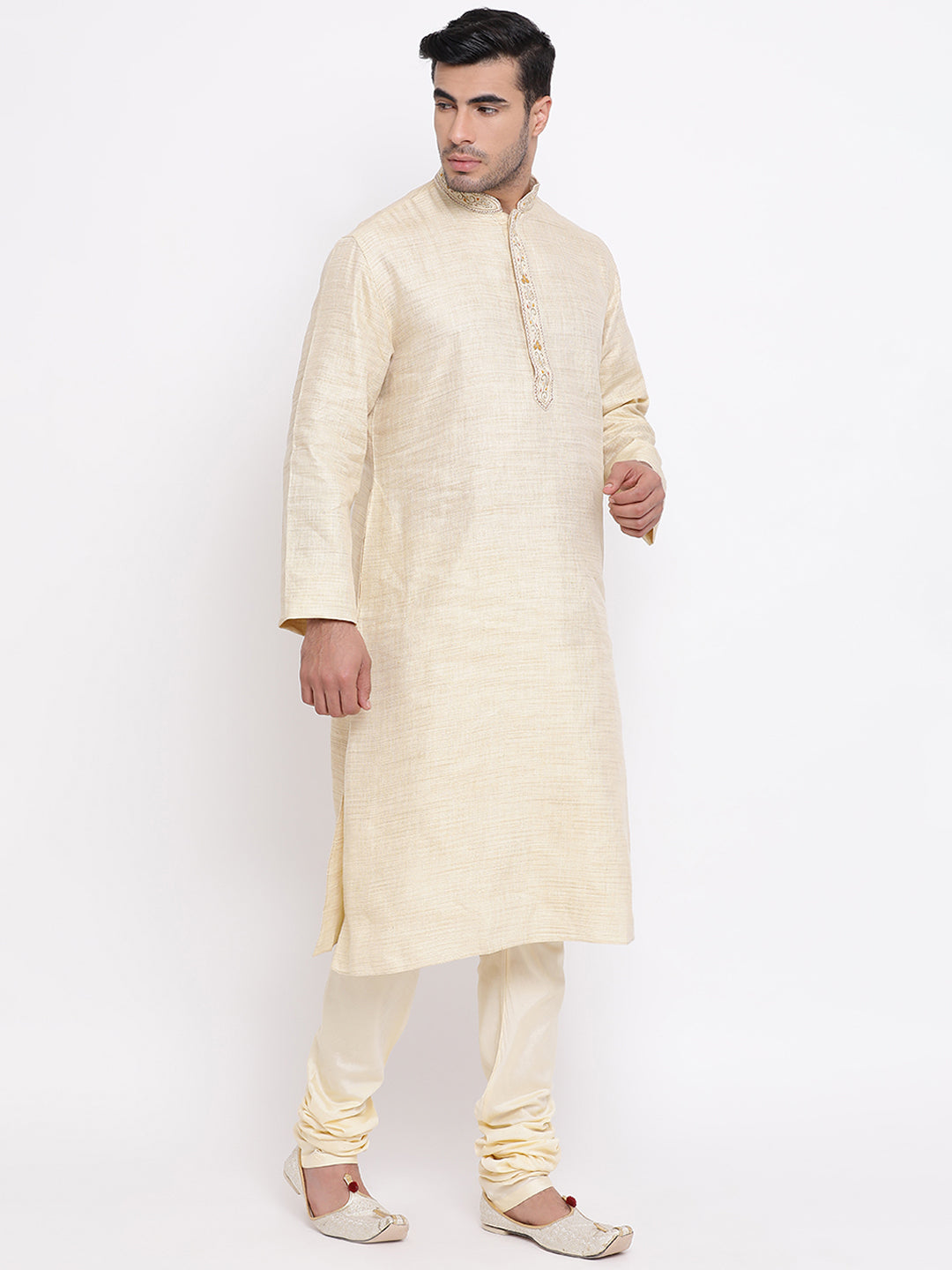 Full Sleeve Embroidered Kurta and Churidar Set in Beige Cotton Blend