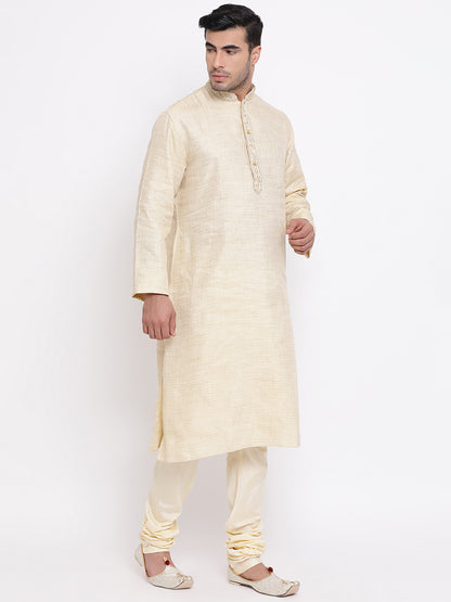 Full Sleeve Embroidered Kurta and Churidar Set in Beige Cotton Blend