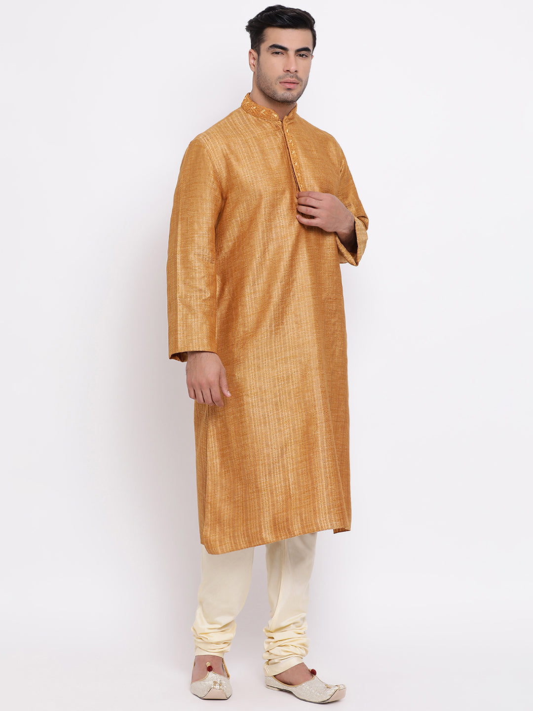 Full Sleeve Embroidered Kurta and Churidar Set in Gold Cotton Blend