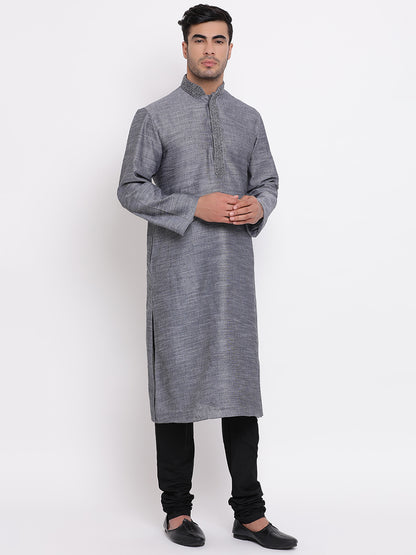 Full Sleeve Embroidered Kurta and Churidar Set in Grey Cotton Blend
