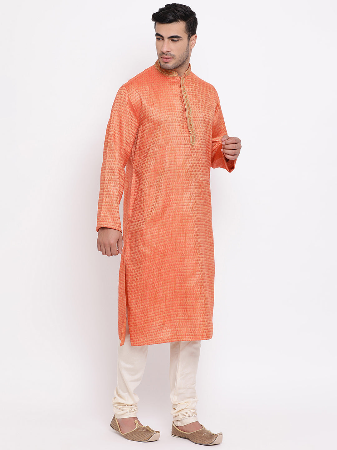 Full Sleeve Embroidered Kurta and Churidar Set in Orange Cotton Blend
