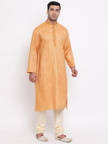 Full Sleeve Embroidered Kurta and Churidar Set in Orange Cotton Blend