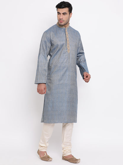 Full Sleeve Embroidered Kurta and Churidar Set in Blue Cotton Blend