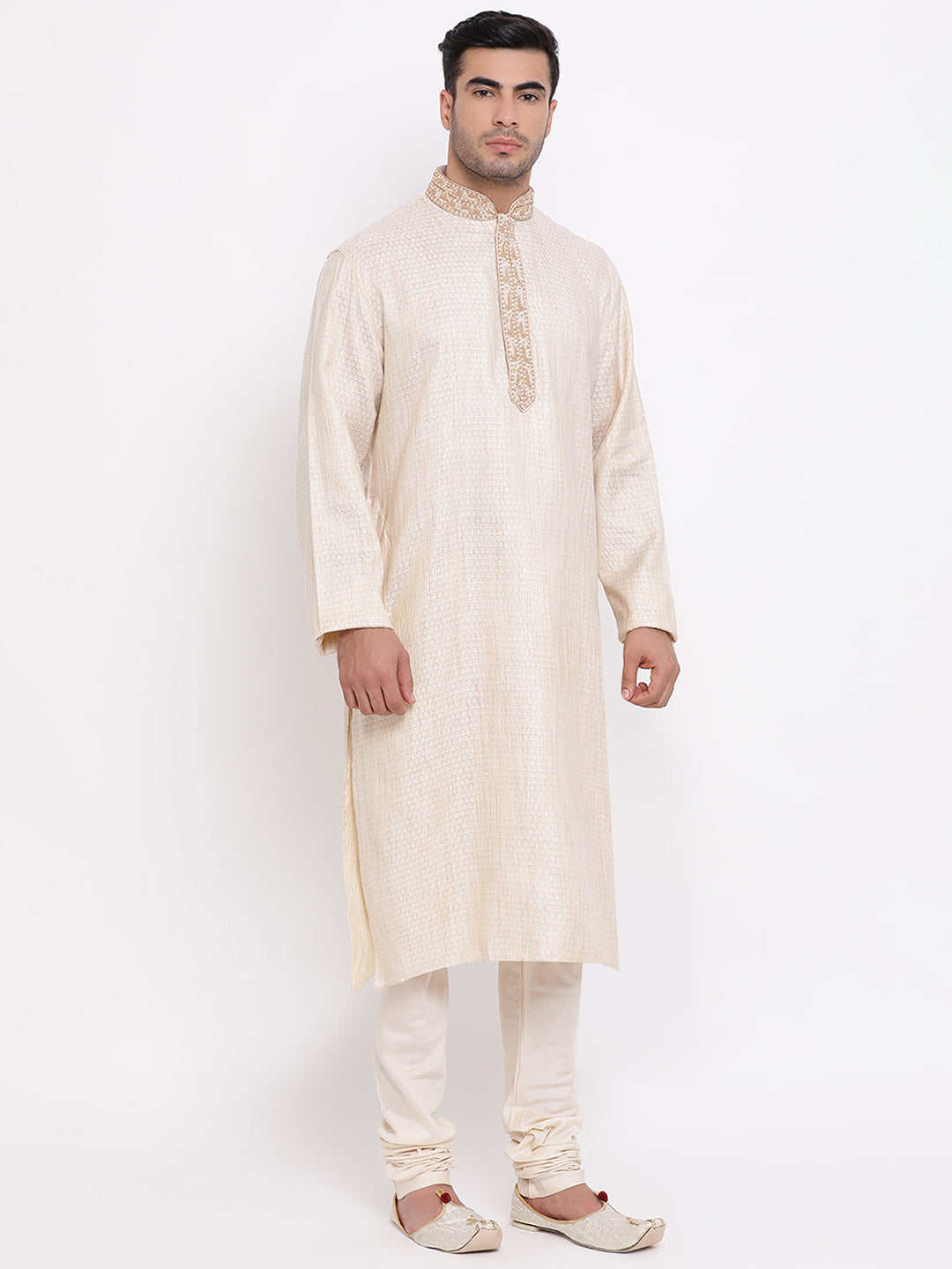 Full Sleeve Embroidered Kurta and Churidar Set in Beige Cotton Blend