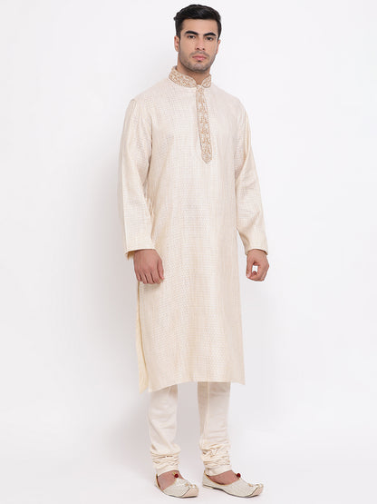 Full Sleeve Embroidered Kurta and Churidar Set in Beige Cotton Blend