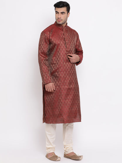 Full Sleeve Self Design Kurta and Churidar Set in Maroon Jacquard