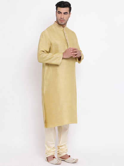 Full Sleeve Embroidered Kurta and Churidar Set in Yellow Cotton Blend