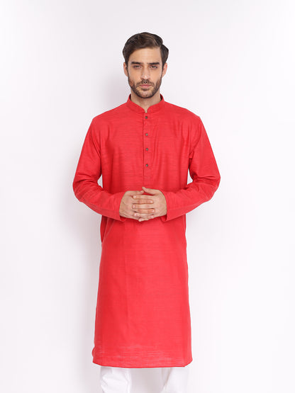 Full Sleeve Solid Kurta and Pyjama Set in Red Khadi Cotton