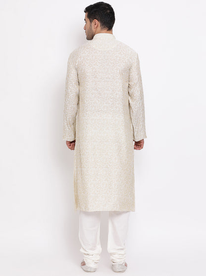 Full Sleeve Polka Print Kurta and Churidar Set in White Jacquard