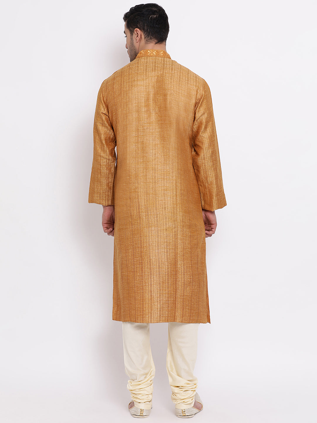 Full Sleeve Embroidered Kurta and Churidar Set in Gold Cotton Blend