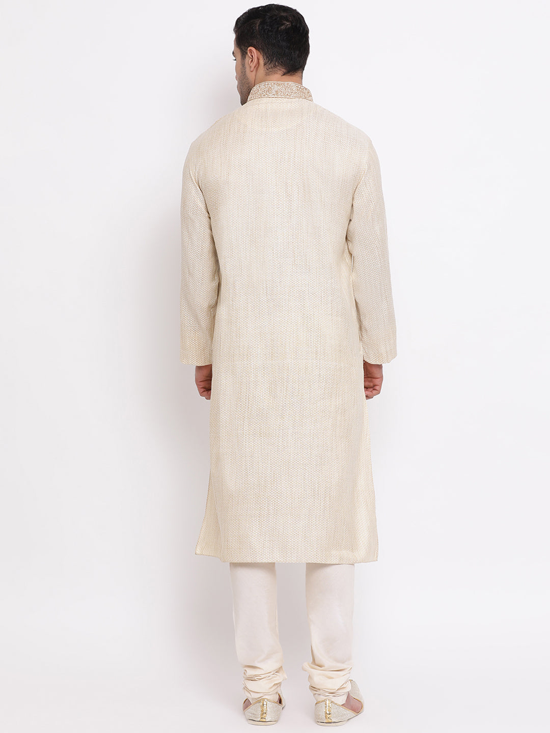 Full Sleeve Embroidered Kurta and Churidar Set in Beige Cotton Blend