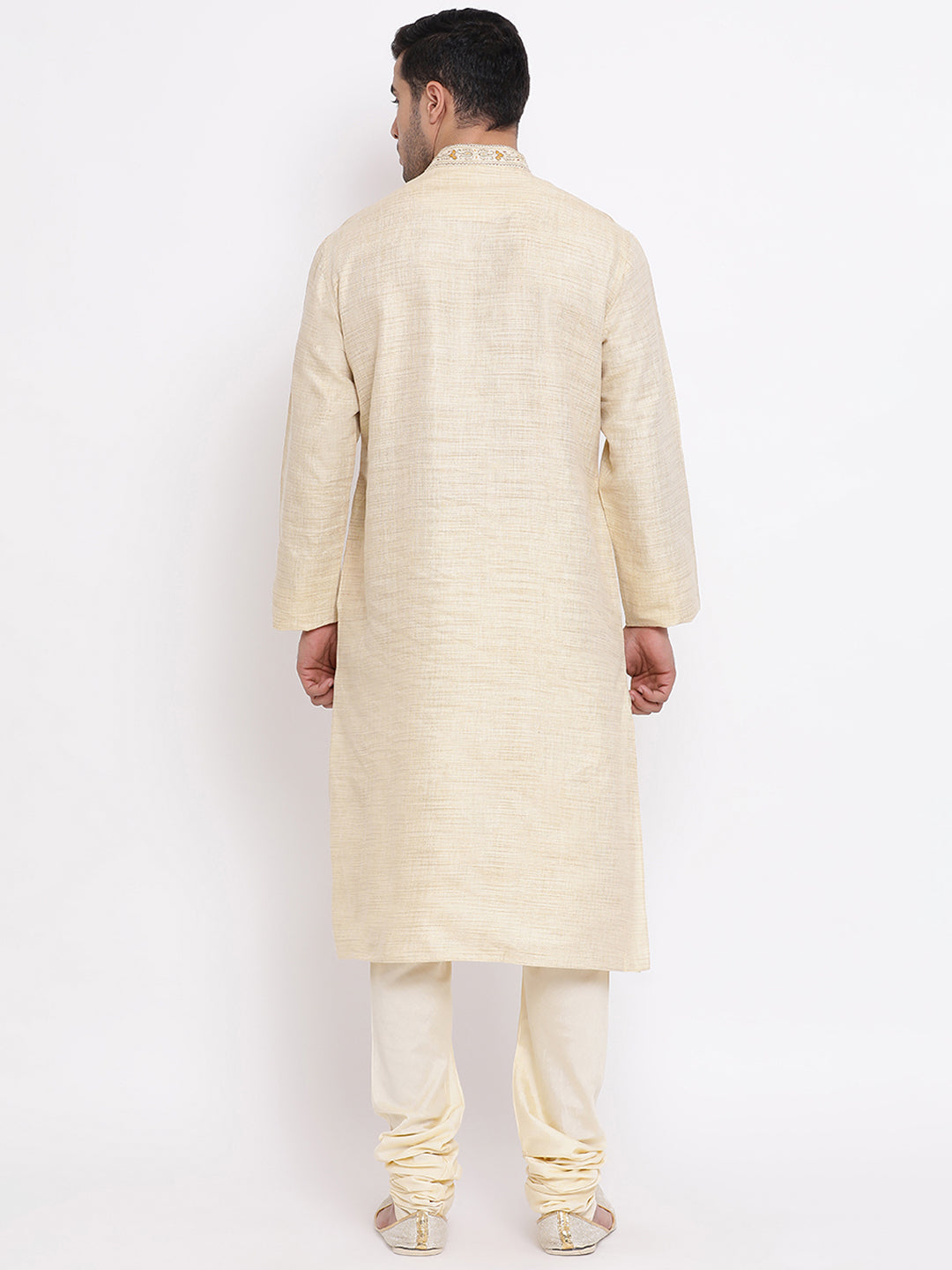 Full Sleeve Embroidered Kurta and Churidar Set in Beige Cotton Blend