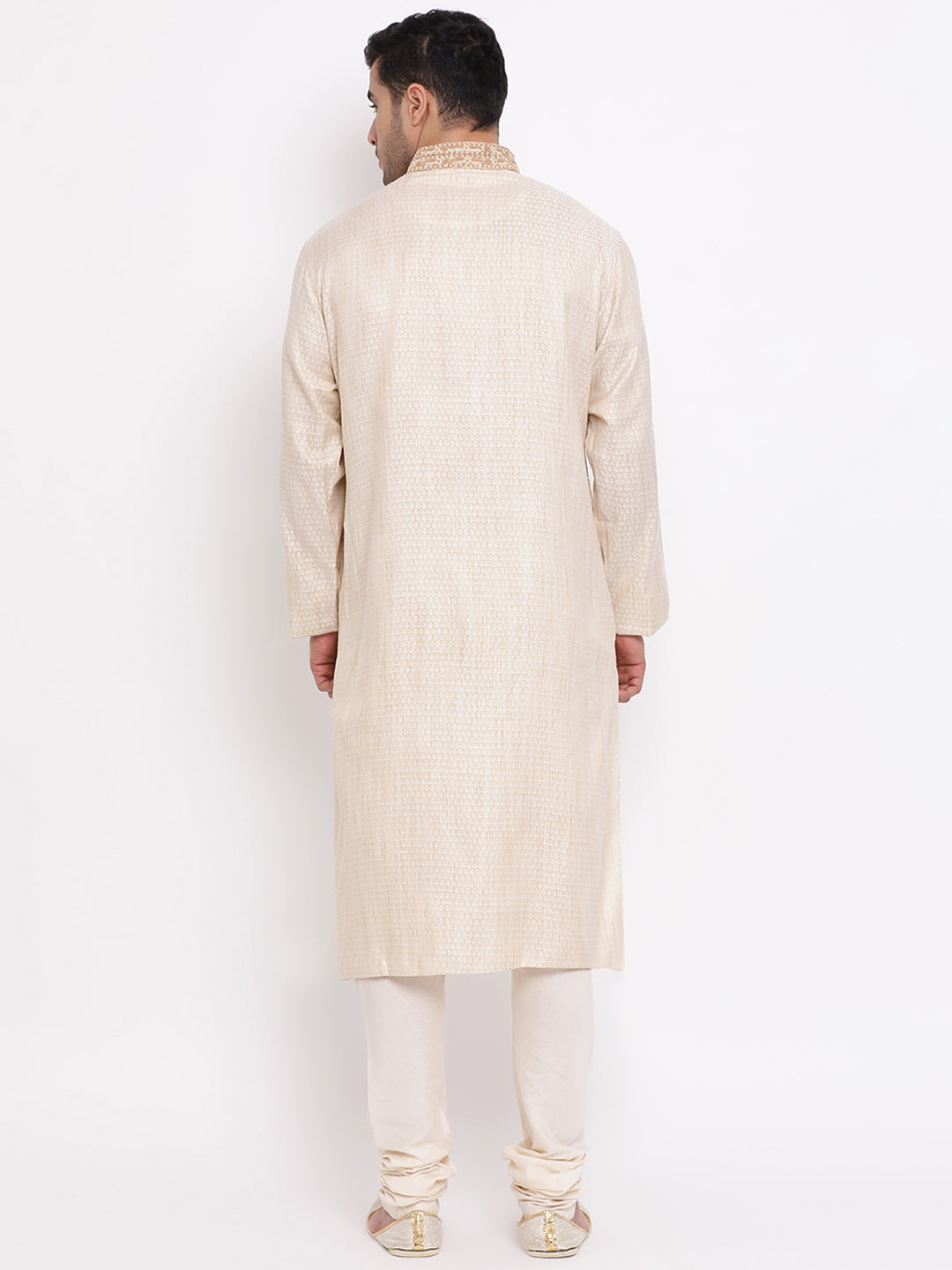 Full Sleeve Embroidered Kurta and Churidar Set in Beige Cotton Blend