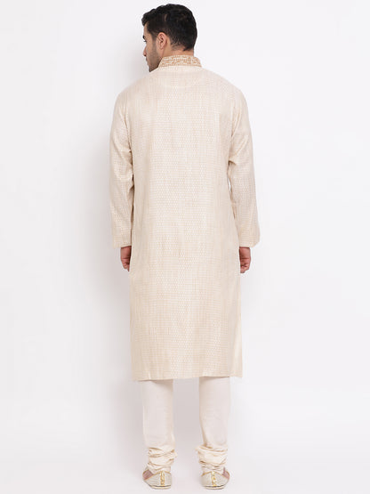 Full Sleeve Embroidered Kurta and Churidar Set in Beige Cotton Blend