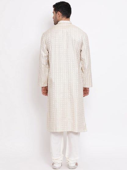 Full Sleeve Woven Kurta and Churidar Set in Beige Khadi Cotton