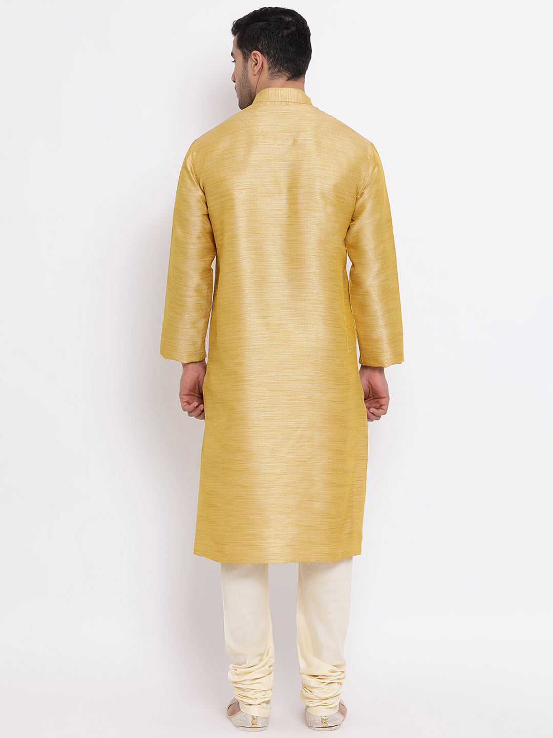 Full Sleeve Embroidered Kurta and Churidar Set in Gold Silk Blend