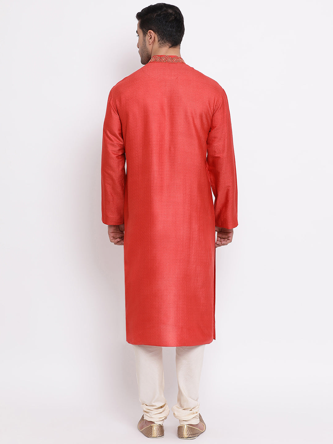 Full Sleeve Embroidered Kurta and Churidar Set in Red Cotton Silk