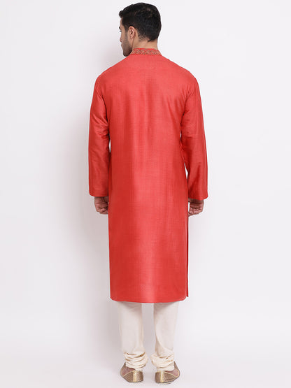 Full Sleeve Embroidered Kurta and Churidar Set in Red Cotton Silk