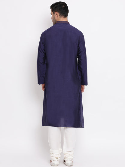 Full Sleeve Solid Kurta and Churidar Set in Blue Silk Blend
